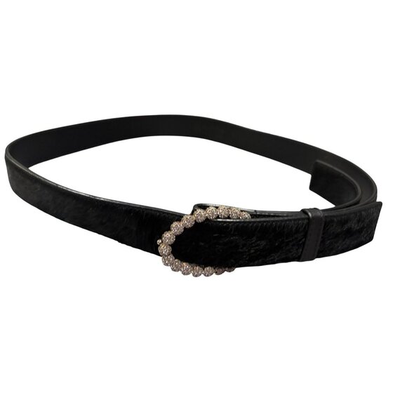 Hatton Leather and Pony Hair Belt With Rhinestone Buckle in Black - Picture 4 of 9